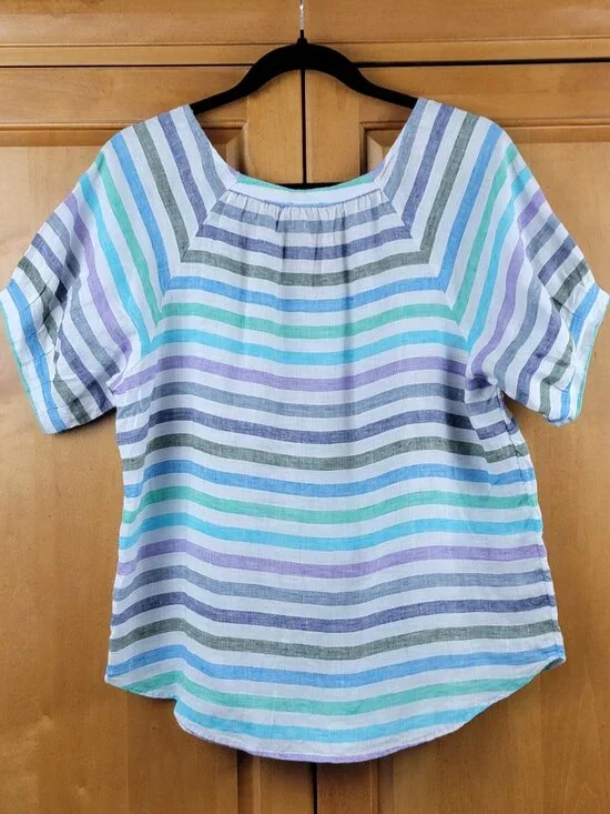 Talbots Rockport Stripe Linen Elbow Sleeve Popover Top - MP - Picture 4 of 8